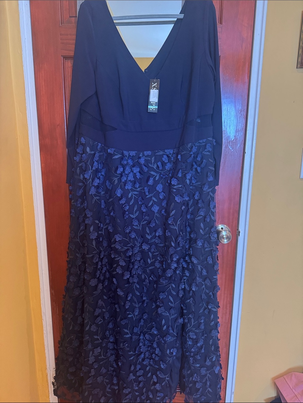 Xscape Elegant Navy Maxi Dress with Floral Appliqué